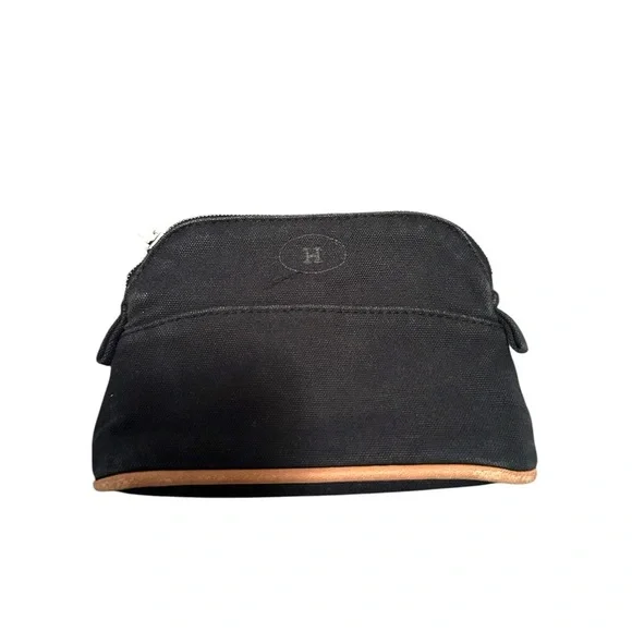 HERMES BLACK CANVAS AND BROWN LEATHER CLUTCH POUCH - Picture 2 of 7